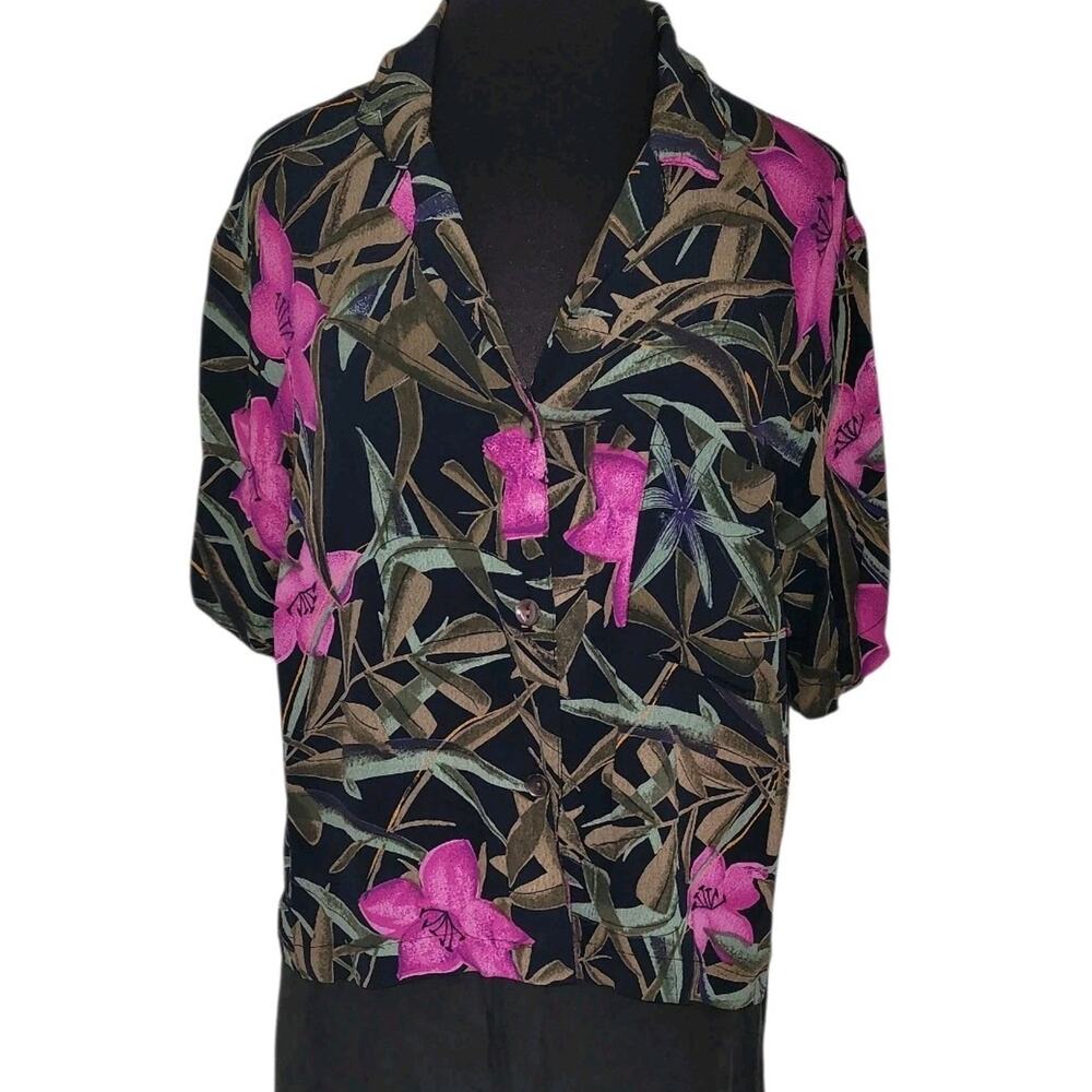 Chico’s Leaf Print Button Up Top Pink Black Sz 2 L